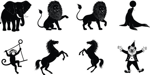 Circus silhouettes vector set with lion, elephant, horse, seal with ball, monkey on swing, and happy clown performer.