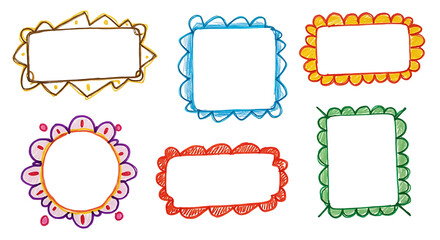 Collection of six hand drawn decorative frames isolated on transparent background