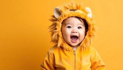 Laughing Child in Lion Costume on Bright Orange Background Joyful and Playful Expression