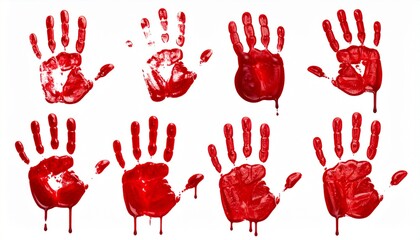 Red Painted Handprints on White Background Symbolic Grid of Expression and Impact
