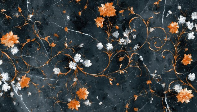 Dark background with ornate floral pattern, marble-like texture
