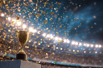 Outdoor stadium at night with gold trophy on 1st place podium, confetti flying under bright lights, crowd cheering in high-energy celebration