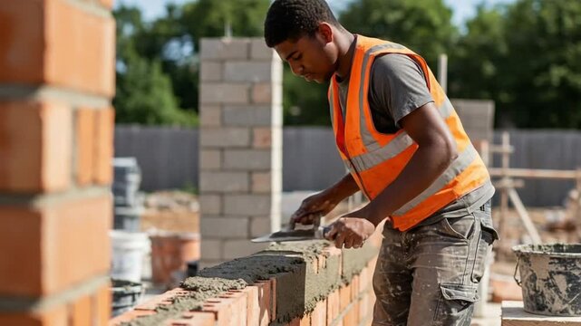 A young Black male bricklayer in a safety vest carefully applies mortar to a red brick wall with a trowel on a sunny outdoor construction site.