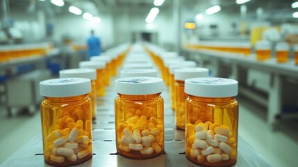 Row of pill bottles move on a conveyor belt in a clean, bright pharmaceutical factory