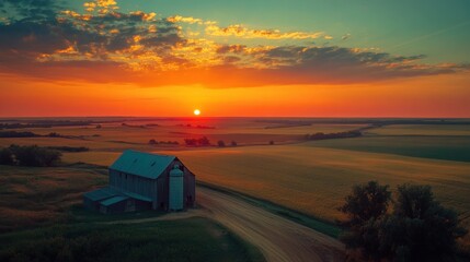 Rustic barn nestled in a field, bathed in warm light from a vibrant sunset