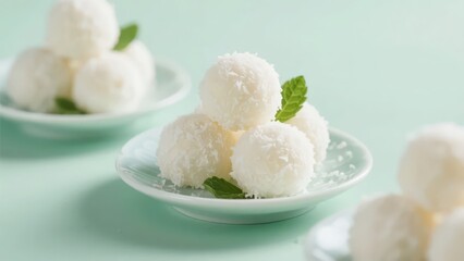 A plate of exquisitely arranged coconut ball desserts, decorated with green leaves, is suitable as a delightful afternoon tea treat, fully showing sweetness and deliciousness.