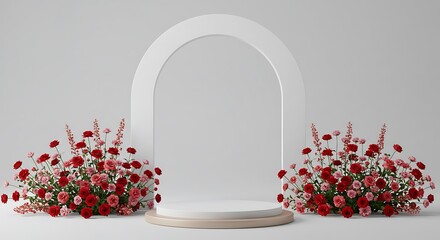 A minimalist 3D rendering of a white product podium with red and pink floral arrangements