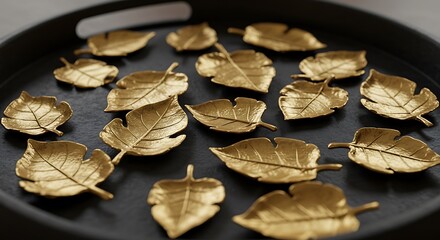 Elegant collection of small golden decorative leaves with detailed veins on a black tray.