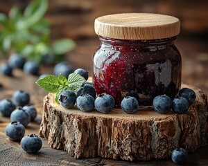 Blueberry jam in a glass jar on a wooden coaster, surrounded by fresh blueberries and mint leaves