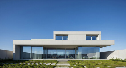 Minimalist concrete modern house exterior with open space garden and wide blue sky copy space background