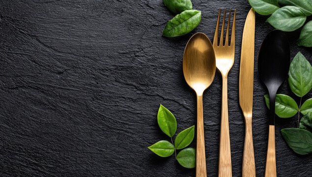 Gold cutlery and fresh leaves on a dark slate surface