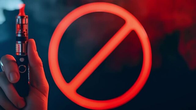 and hold electronic cigarette, vape in smoke and prohibition sign. Stop smoke. No Smoking Day. Nicotine addiction	