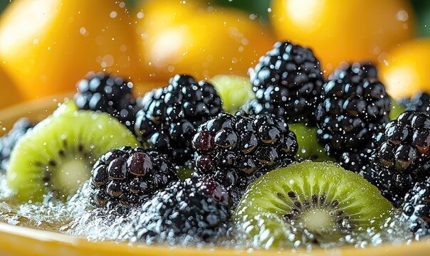 Fresh blackberries and kiwi slices in water spray - Powered by Adobe