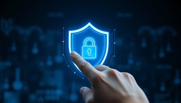 Hand pressing glowing blue shield with padlock icon on a dark digital background for security screen