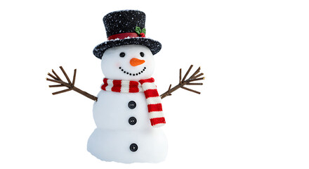 A cheerful snowman wearing a festive hat and striped scarf stands against a dark background