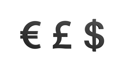 Minimal 3D Currency Symbols in Matte Black on White Background