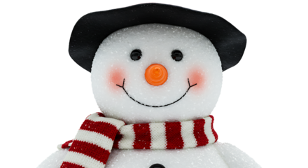 Close up of a cheerful snowman wearing a black hat and a red and white striped scarf against a black background