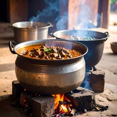 Spicy stew simmering over an open fire