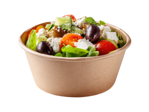 Concept of lunch, paper bowl with food isolated on a white background