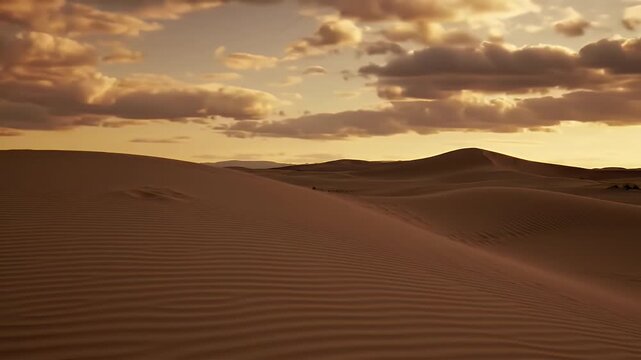 Golden Sand Dunes Landscape Against Cloudy Sky at Sunset in Arid Wilderness