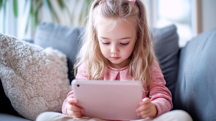 Little girl sitting on the blue sofa with tablet computer in a modern bright and big  living room 