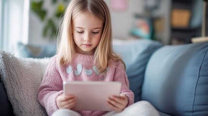Beautiful blonde little girl sitting on the sofa with tablet computer in a modern big and bright living room 
