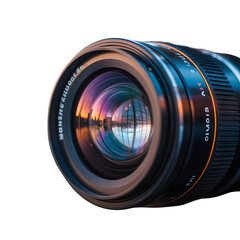 Closeup of a camera lens reflecting a sunset, isolated on transparent background