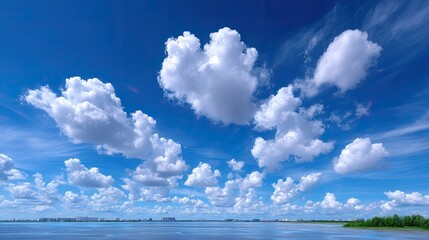 Clear Blue Sky with Scattered Fluffy Clouds over Serene Waterscape with Distant Cityscape and Lush Green Trees on Horizon on Bright Sunny Day