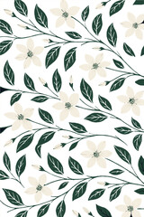 Elegant Seamless Floral Pattern with White Flowers and Green Leaves on Dark Background