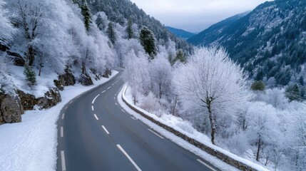 Fototapeta premium Aerial View of Winding Asphalt Road Through Snow Covered Winter Landscape and Forest on Mountains with Overcast Sky