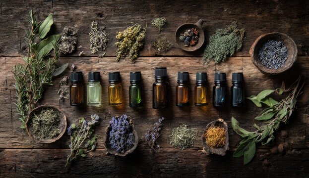 Aromatic oils & dried herbs on rustic wood