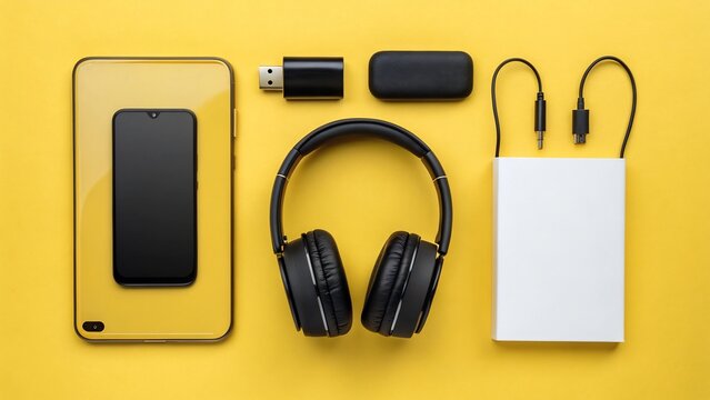 A flat lay of modern technology gadgets on a yellow background, showcasing connectivity and digital lifestyle essentials