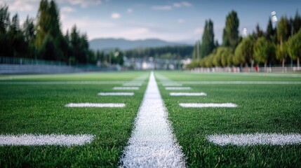 American Football Field with Green Grass and White Lines in Bright Daylight