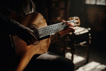 Fototapeta premium Close-up of Musician Playing Acoustic Guitar in Dimly Lit Room.