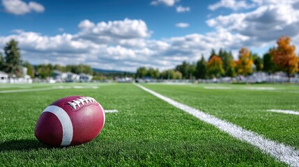 American Football Ball on Green Turf Field with White Lines Under Bright Sky and Distant Trees in Daytime Scenery