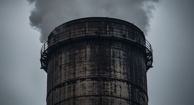 Industrial Chimney Emitting Smoke in Overcast Sky