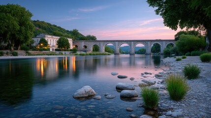 Ancient Stone Bridge Reflections on Serene River in Sunset Light Cinematic HDR Landscape with Trees Architecture and Clear Sky Scenery