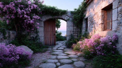 Ancient Stone Gate Covered in Vines and Flowers with Ocean View at Sunset Stone Pathway Leading Through Archway Pink and Purple Floral Accents on Stone Structure
