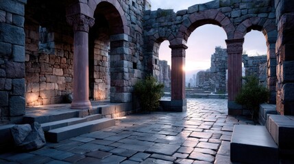 Ancient Stone Interior with Arches and Columns at Sunset in HDR Cinematic Style