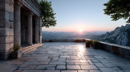 Ancient Stone Temple Ruins at Sunset with Mountains in Background Cinematic Hdr Lighting
