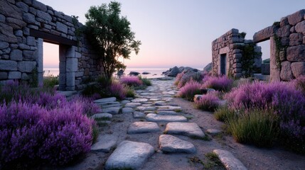 Ancient Stone Ruins With Purple Flowers and Coastal View at Sunset