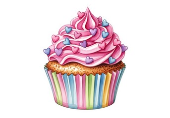 A cupcake with pink frosting and heart sprinkles isolated on white background