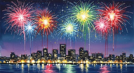 Watercolor painting of a city skyline with fireworks over the water
