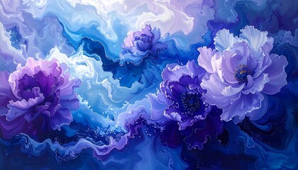 Vibrant purple and blue floral art piece showcases large blossoms against a swirling, abstract backdrop.