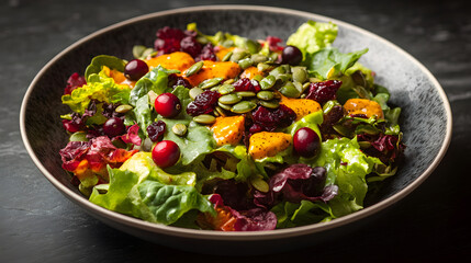 Delicious Autumn Salad: Cranberries, Pumpkin, and Mixed Greens in a Dark Bowl