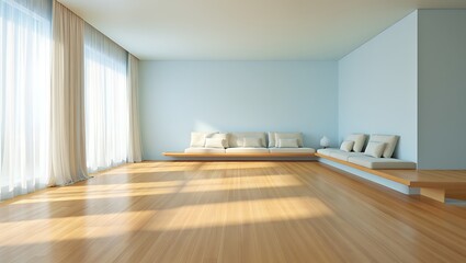 Bright modern living room with light blue walls and wooden floor