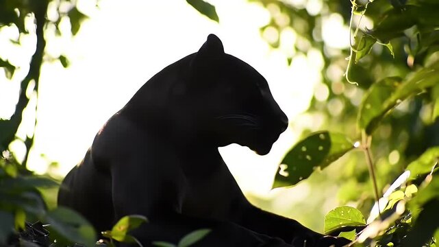 Majestic Black Panther Resting on a Tree Branch Surrounded by Green Leaves Sunlight