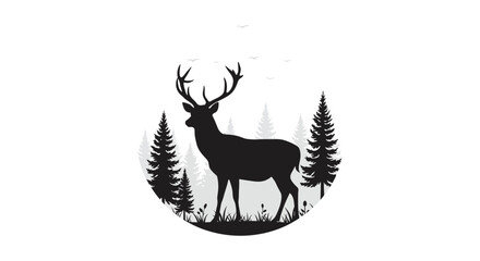 Silhouetted stag standing amongst pine trees under a cloudy sky