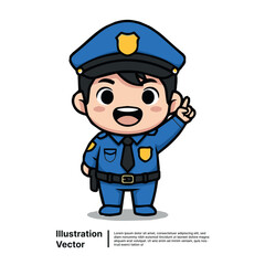 Cheerful Cartoon Police Officer in Uniform Pointing Upwards, Isolated on White Background