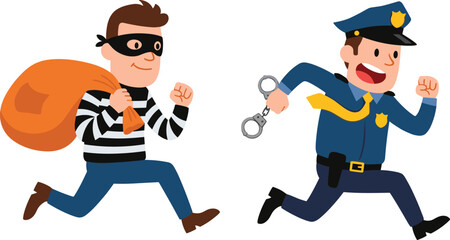 Cartoon thief running with money bag, police officer chasing with handcuffs, funny crime chase scene, vector illustration